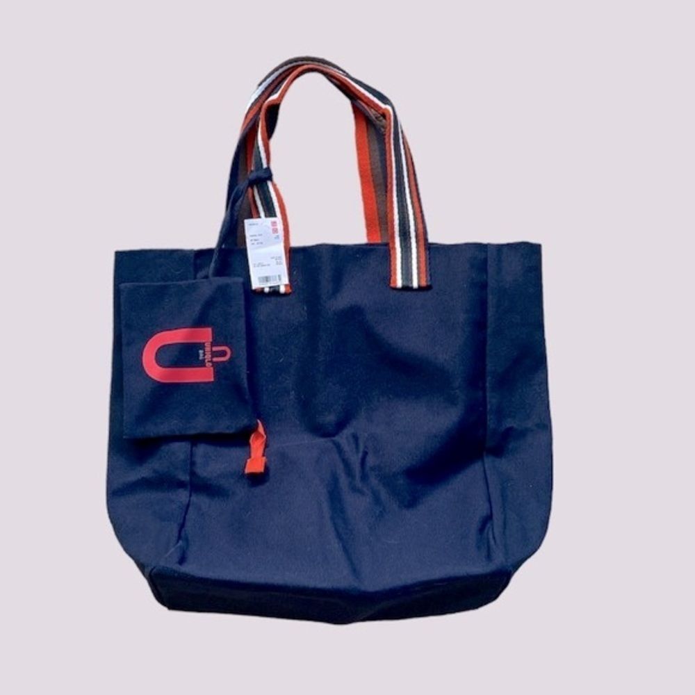 Uniqlo Navy Canvas Tote 100% Cotton Double Handles With Zipper Pouch